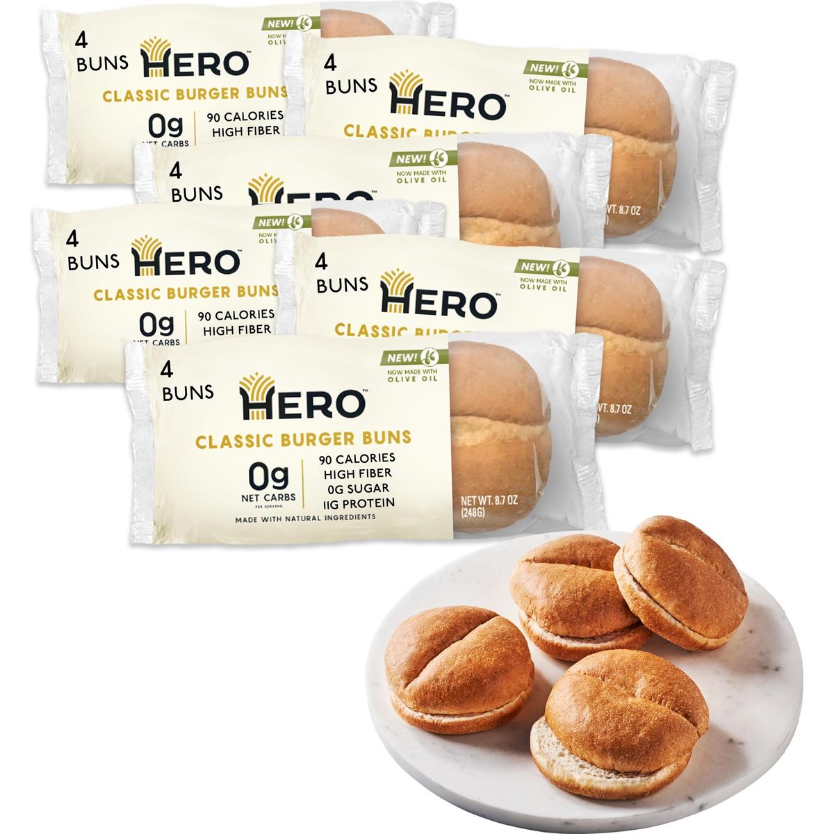 Hero Classic Hamburger Buns - Burger Buns | Net Low Carb Buns | High Fiber, 0g Net Carbs, 0g Sugar &amp; 90 Calories Per Serving Burger Rolls (24 Buns, Pack of 6)