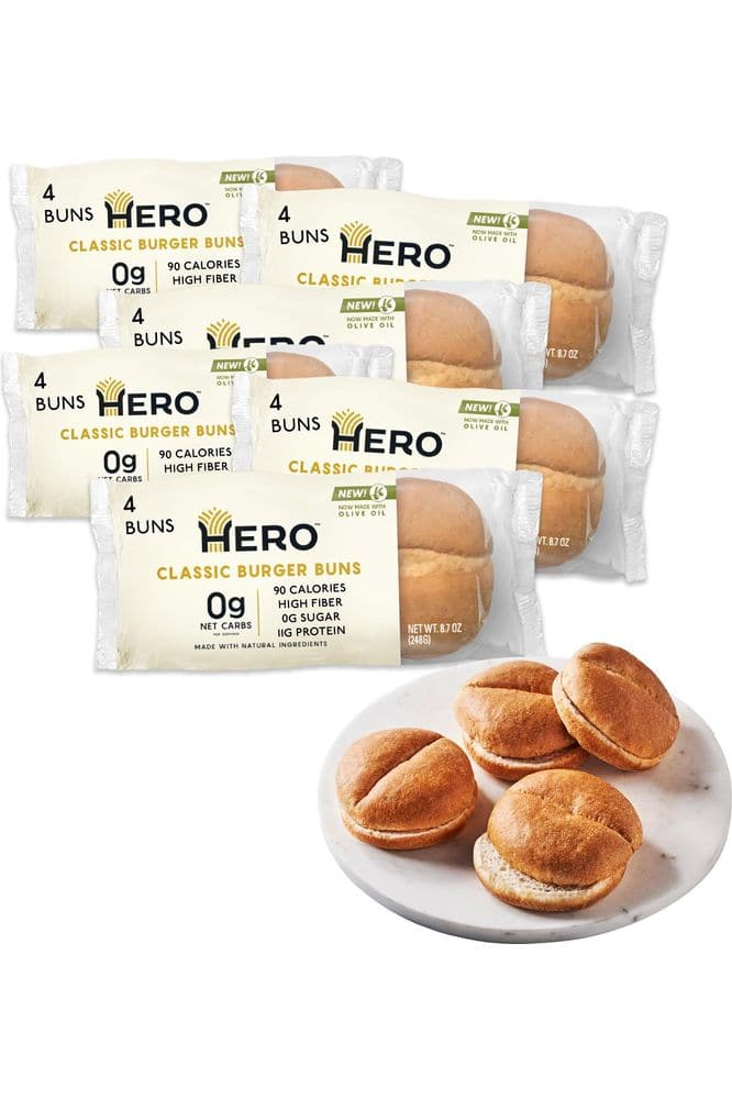 Hero Classic Hamburger Buns - Burger Buns | Net Low Carb Buns | High Fiber, 0g Net Carbs, 0g Sugar &amp; 90 Calories Per Serving Burger Rolls (24 Buns, Pack of 6)