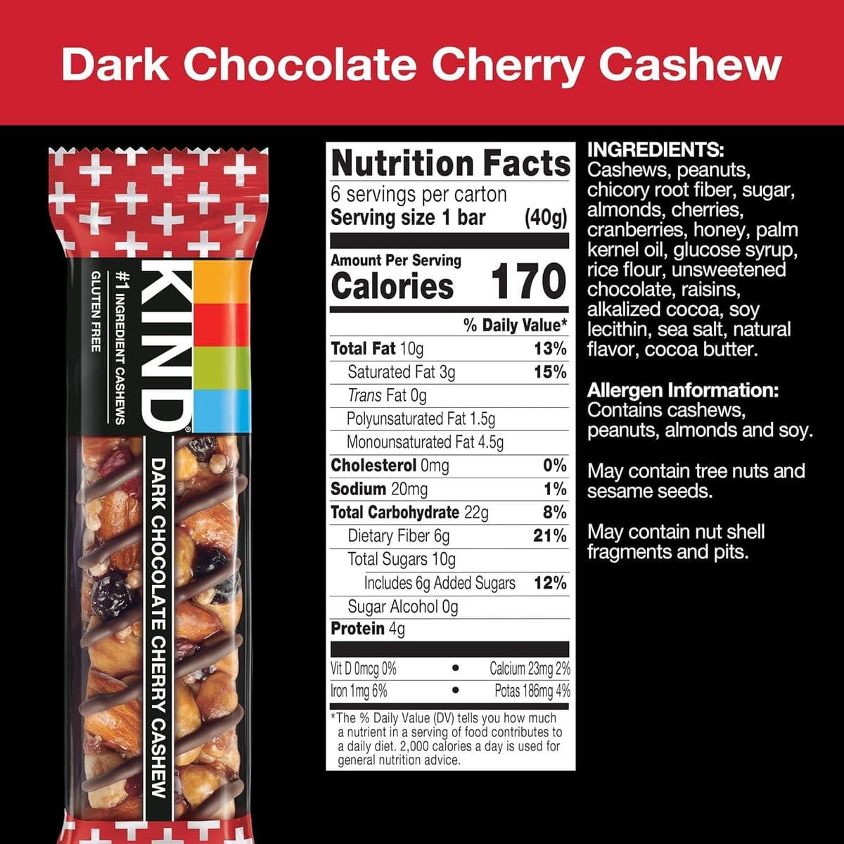 KIND Bars, Dark Chocolate Cherry Cashew, Healthy Snacks, Gluten Free, 12 Count