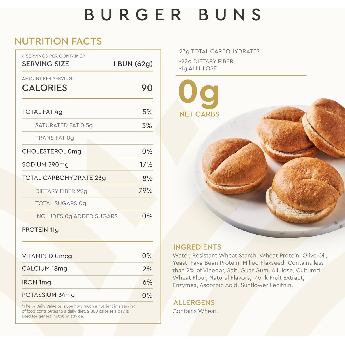 Hero Classic Hamburger Buns - Burger Buns | Net Low Carb Buns | High Fiber, 0g Net Carbs, 0g Sugar &amp; 90 Calories Per Serving Burger Rolls (24 Buns, Pack of 6)