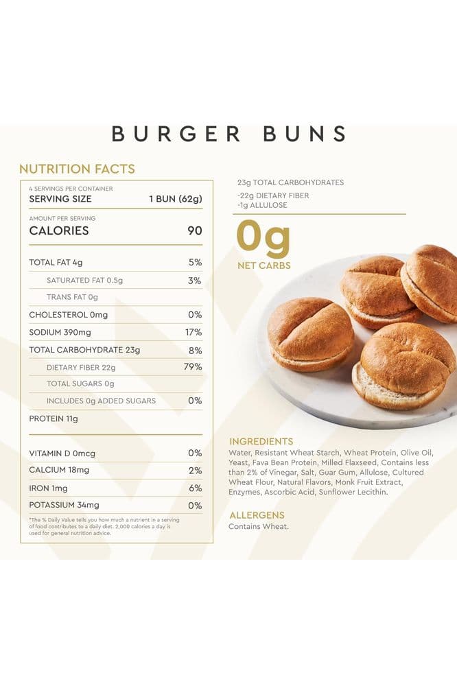 Hero Classic Hamburger Buns - Burger Buns | Net Low Carb Buns | High Fiber, 0g Net Carbs, 0g Sugar &amp; 90 Calories Per Serving Burger Rolls (24 Buns, Pack of 6)