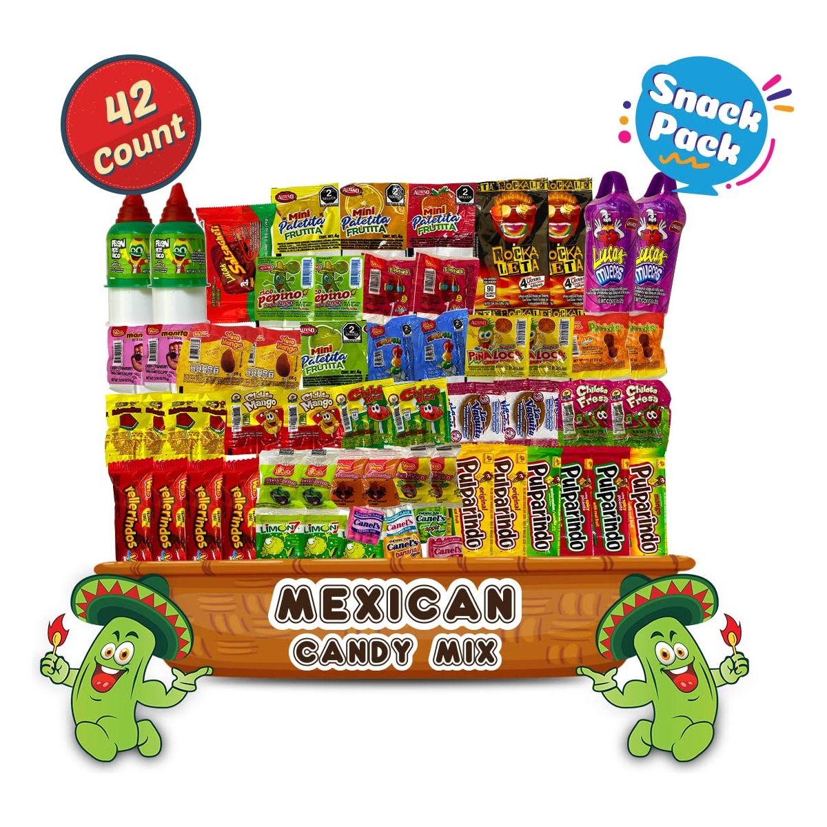 Mexican Candy Assortment Snacks Pack  Variety of Spicy Sweet and Sour Candies Includes Lucas Candy Pelon Pelo Rico Pulparindo Rellerindo De La Rosa Vero by LookOn 42 Count