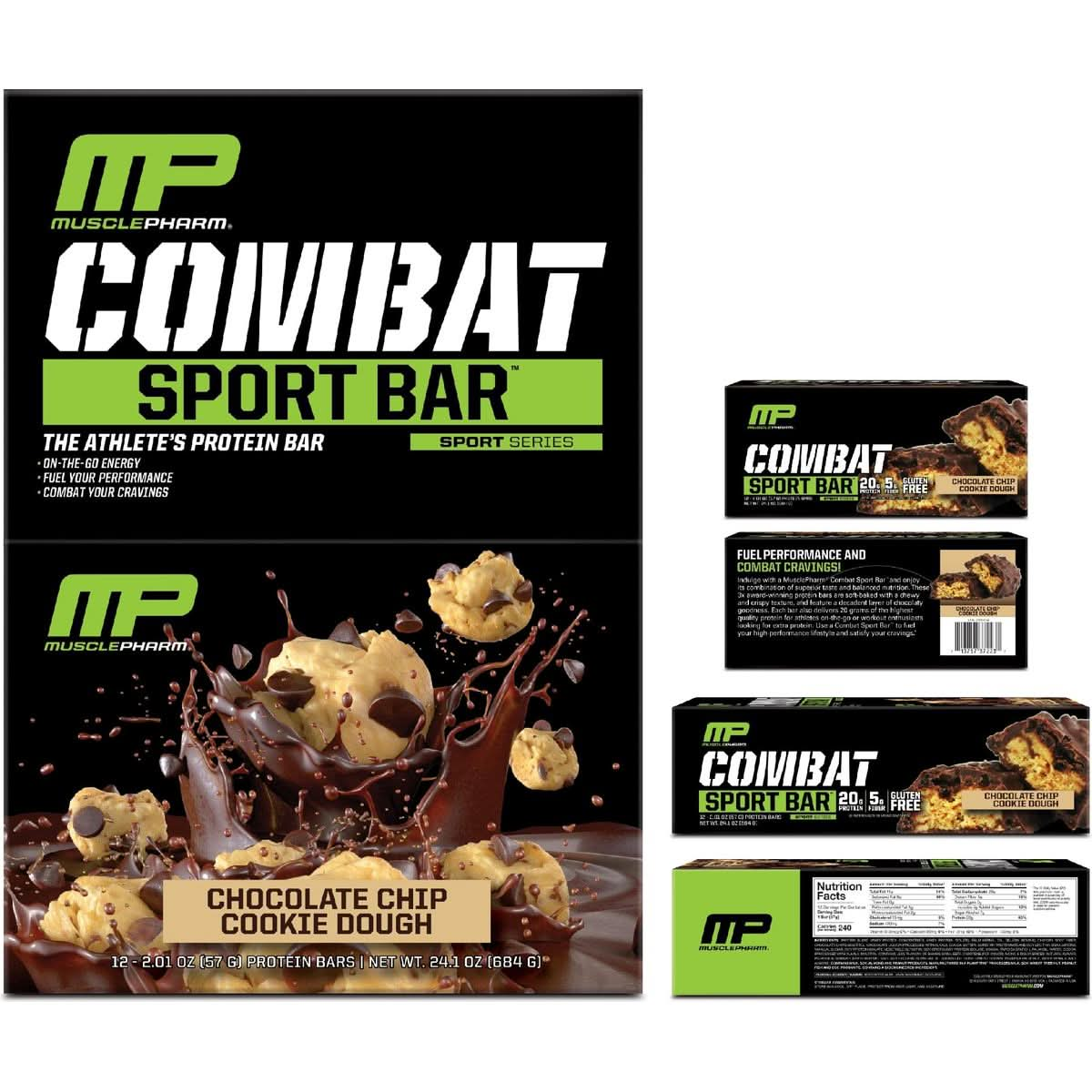 MusclePharm Combat Sport Bar Chocolate Chip Cookie Dough High Protein Bars Combat Cravings Fuel Performance  Meet Energy Demands 20g Protein from Whey Protein 5g Fiber Gluten Free 12 Bars