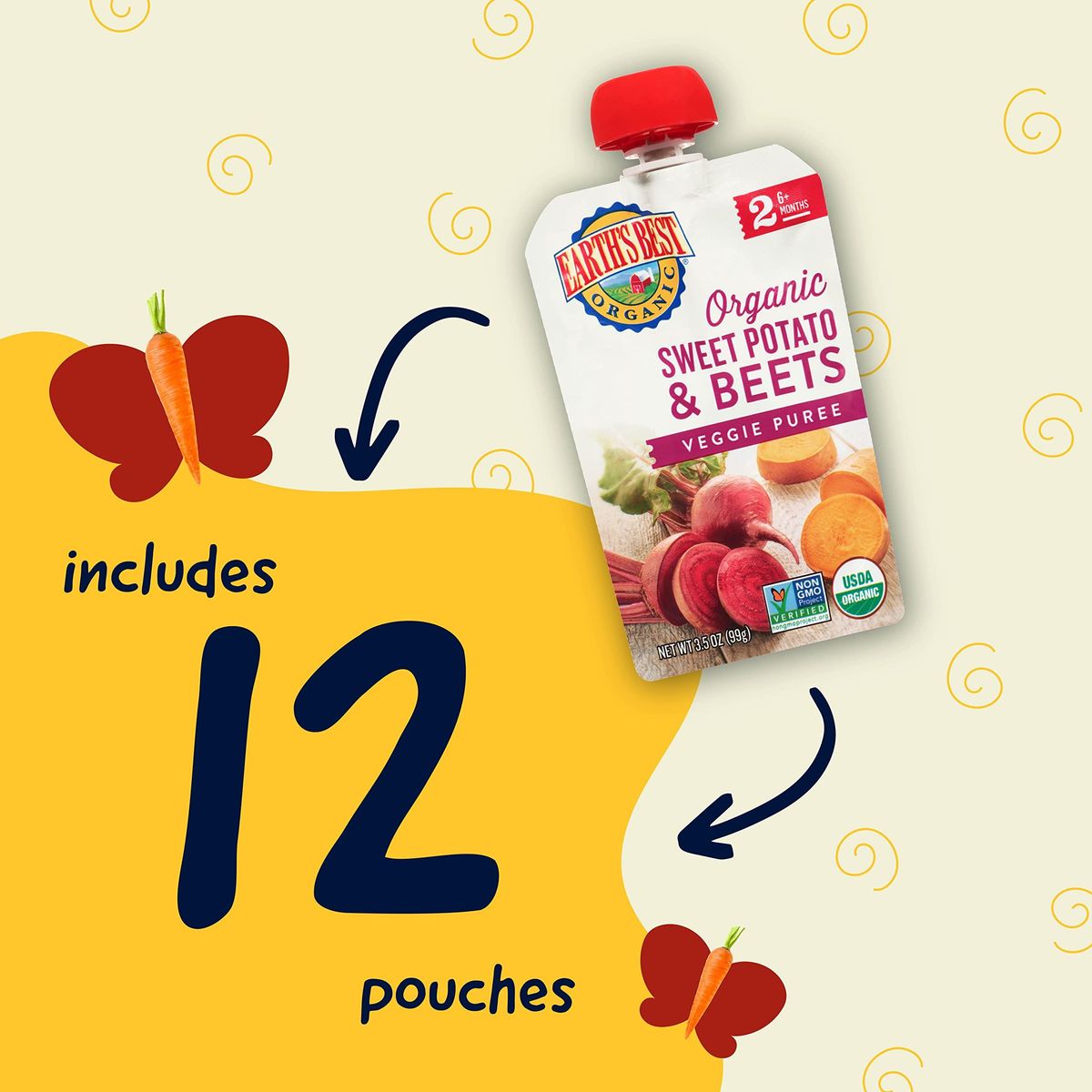 Earth&#39;s Best Organic Baby Food Pouches, Stage 2 Vegetable Puree for Babies 6 Months and Older, Organic Sweet Potato and Beets Puree, 3.5 oz Resealable Pouch (Pack of 12)