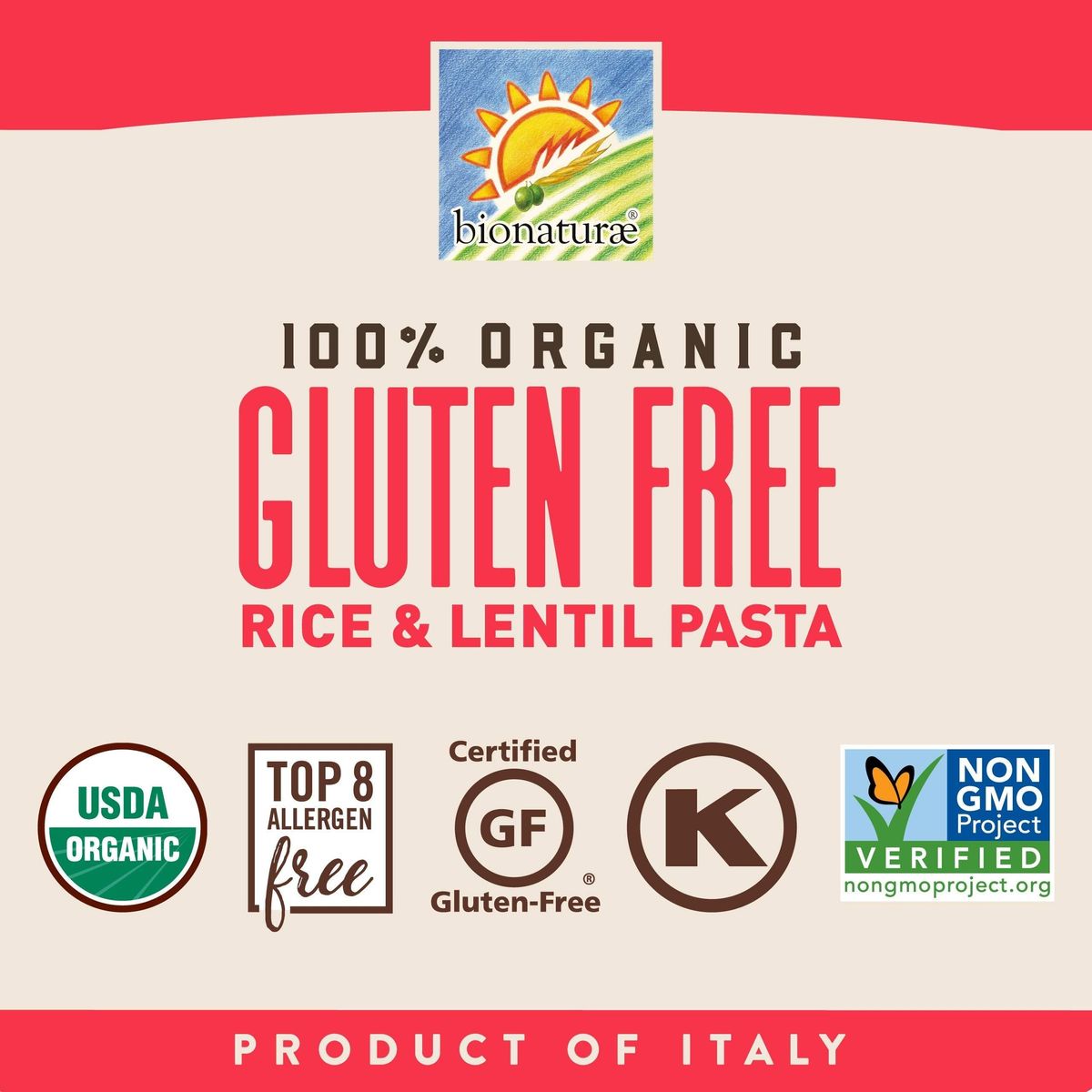 Bionaturae Penne Rigate Pasta Noodles - Gluten Free Pasta Organic, Rice &amp; Lentil Pasta, Kosher Certified, High Protein, Non-GMO Verified, USDA Certified, Gluten Free Pastas, Crafted in Italy - 12 Oz