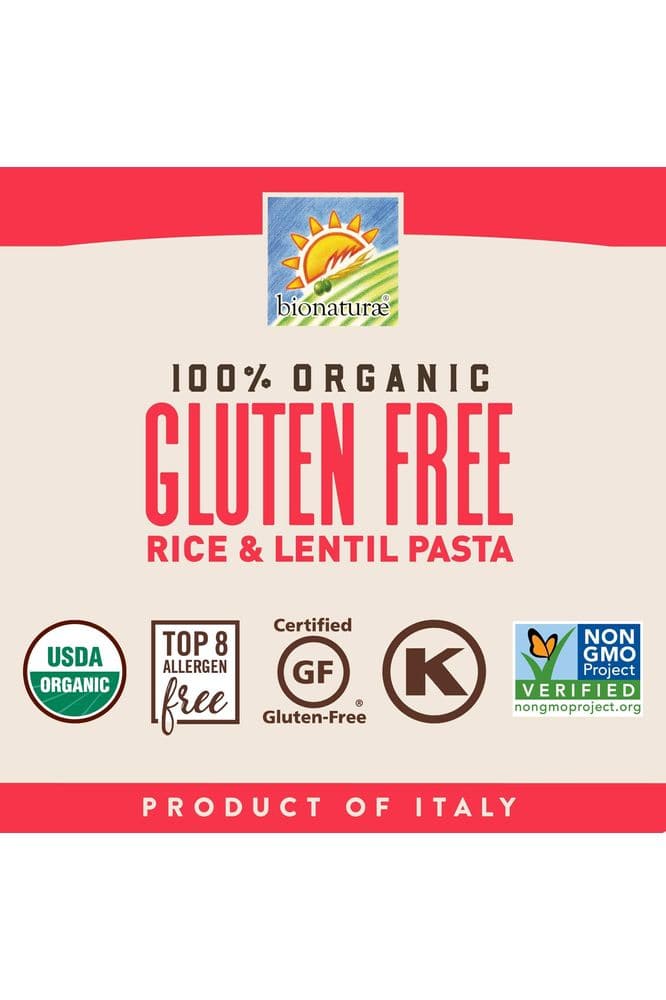 Bionaturae Penne Rigate Pasta Noodles - Gluten Free Pasta Organic, Rice &amp; Lentil Pasta, Kosher Certified, High Protein, Non-GMO Verified, USDA Certified, Gluten Free Pastas, Crafted in Italy - 12 Oz