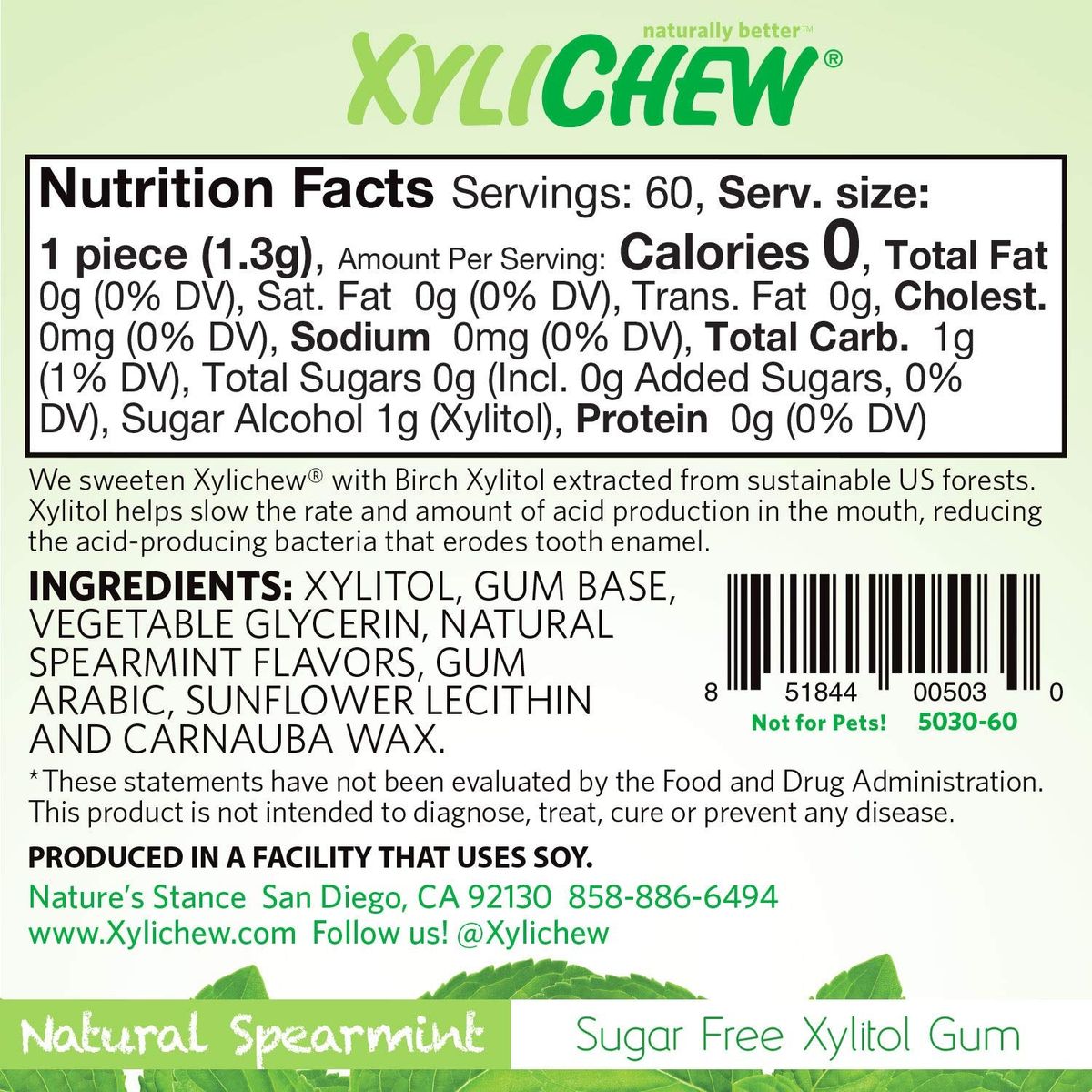 Xylichew 100 Xylitol Chewing Gum  Non GMO Non Aspartame Gluten Free and Sugar Free Gum  Natural Oral Care Relieves Bad Breath and Dry Mouth  Spearmint 60 Count