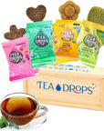 Tea Drops Lightly Sweetened Loose Leaf Tea Gift Box | Bagless Caf/Decaf Variety Tea Assortment - Wooden Gift Box | Matcha Green, Rose Earl Grey, Citrus Ginger, Sweet Peppermint | 8 count