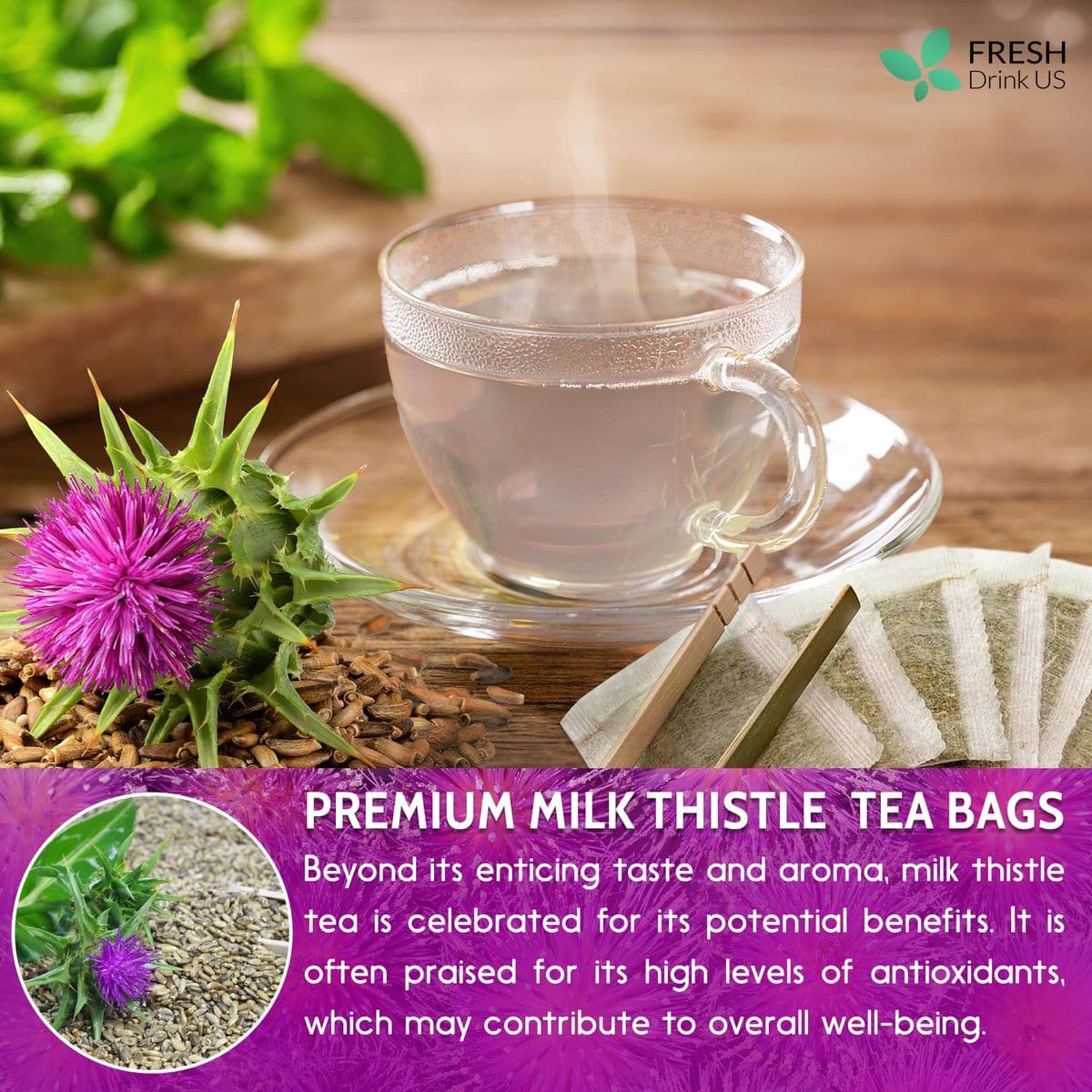 FreshDrinkUS Premium 135 Milk Thistle Tea Bags 100 Natural  Pure from Milk Thistle Seeds Milk Thistle Seed Herbal Tea Milk Thistle Seed Tea Made with Natural Material Tea Bags No Sugar No Caffeine No Gluten Vegan