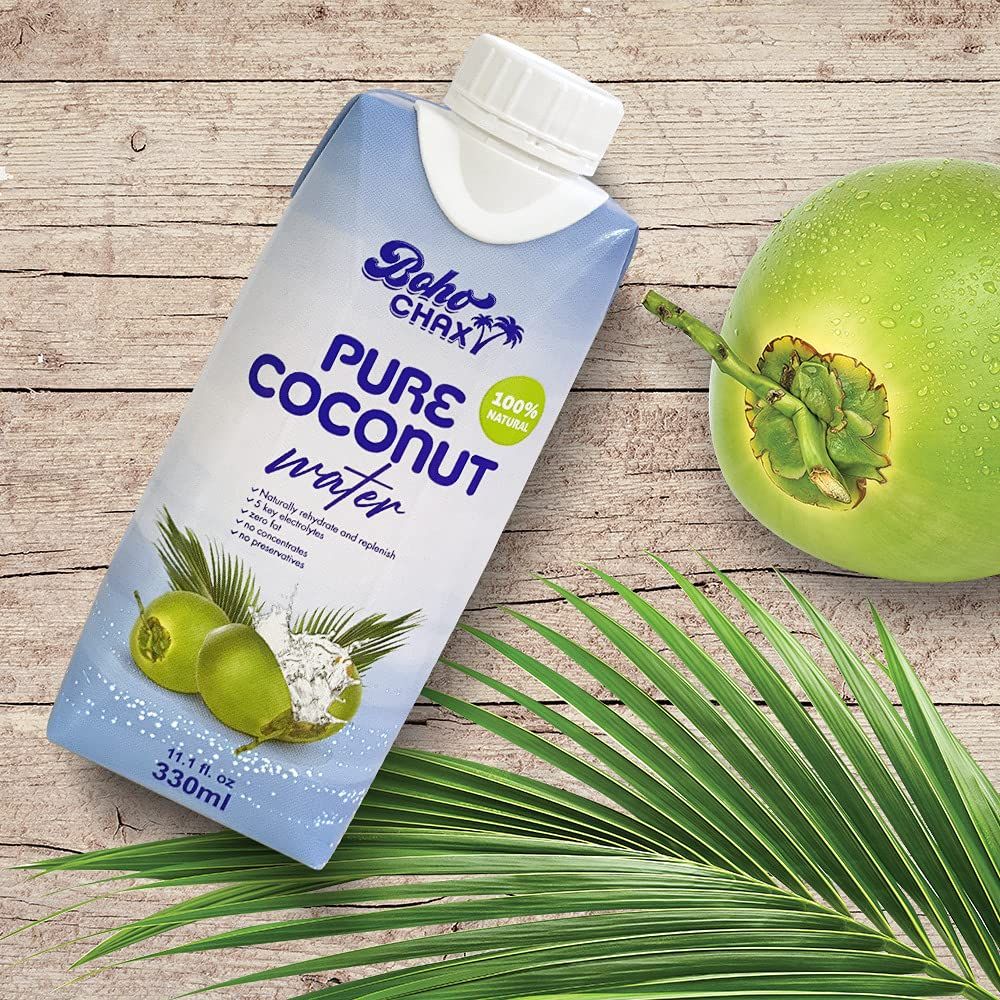 Boho Chax 100 Natural Coconut Water No Sugar Added Filled with Essential Vitamins and Electrolytes for Superior Hydration Not From Concentrate Pure Coconut Flavor 1116 Fl Oz 12Pack