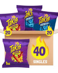 Takis Fuego (20) and Blue Heat (20) Rolled Spicy Tortilla Chips, Hot Chili Pepper Lime and Hot Chili Pepper Flavored Chips Variety Pack, 40 Individual Bags, 1 Ounce Each