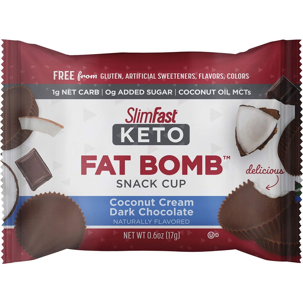 SlimFast Keto Fat Bomb Snack Cup, Coconut Cream Dark Chocolate, Keto Snacks for Weight Loss, Low Carb with 0g Added Sugar, 14 Count Box (Packaging May Vary)