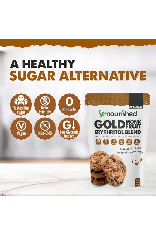 GOLD - Brown Sugar Alternative Substitute 1:1 Sugar Replacement - Monk Fruit Erythritol Sweetener for Low Carb Dieters and Diabetics - No Calorie Sweetener, Non-GMO (1 Pound)