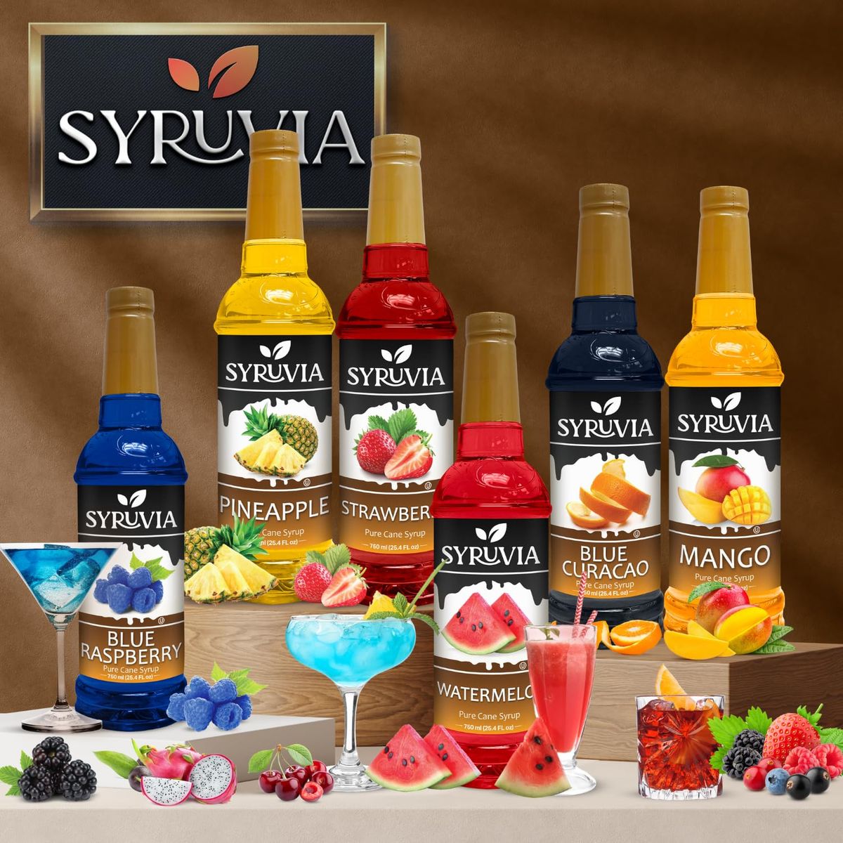 Syruvia Blue Curacao  Strawberry Summer magic Variety Pack  254oz Ideal for Cocktails Desserts Italian Soda Ice and More Kosher and GlutenFree