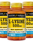 MASON NATURAL L-Lysine 500 mg with Calcium - Improved Immune Function, Enhanced Nutrient Absorption, Essential Amino Acid, 100 Tablets (Pack of 3)