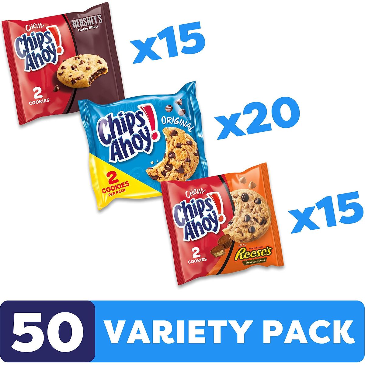 CHIPS AHOY! Cookie Variety Pack, Original Chocolate Chip with Reese&#39;s Peanut Butter Cups &amp; Chewy Hershey&#39;s Fudge Filled Soft Cookies, 50 Snack Packs (2 Cookies Per Pack)