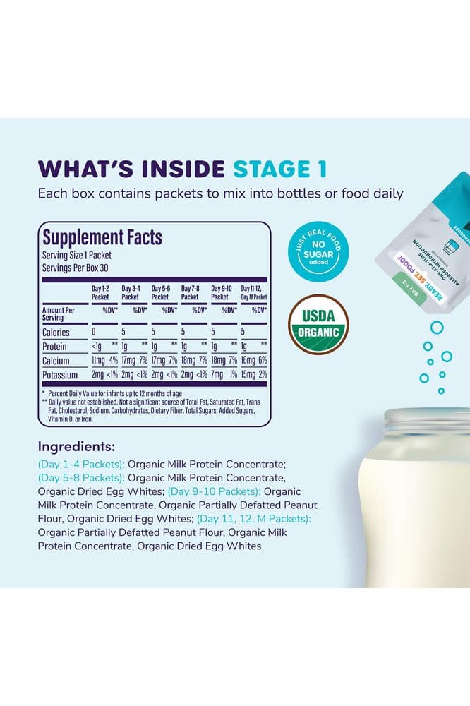 Ready Set Food | Early Allergen Introduction Mix-ins for Babies 4+ Mo | Stage 1 - 30 Days | Top 3 Allergens - Organic Peanut Egg Milk | Safe Easy Effective | For Bottle or Food | ReadySetFood