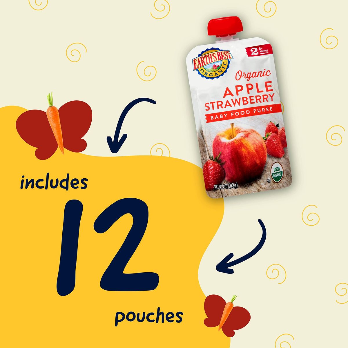 Earth&#39;s Best Organic Baby Food Pouches, Stage 2 Fruit Puree for Babies 6 Months and Older, Organic Apple Strawberry Puree, 4 oz Resealable Pouch (Pack of 12)