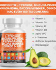 L-Tyrosine 1000mg Mucuna Pruriens 6000mg Bacopa Monnieri 500mg Ashwagandha 4000mg Focus Supplement with N-Acetyl Cysteine 600mg NAC 5-HTP Ginkgo Biloba Alpha GPC L Theanine Vitamin C D B1 B12 USA Made