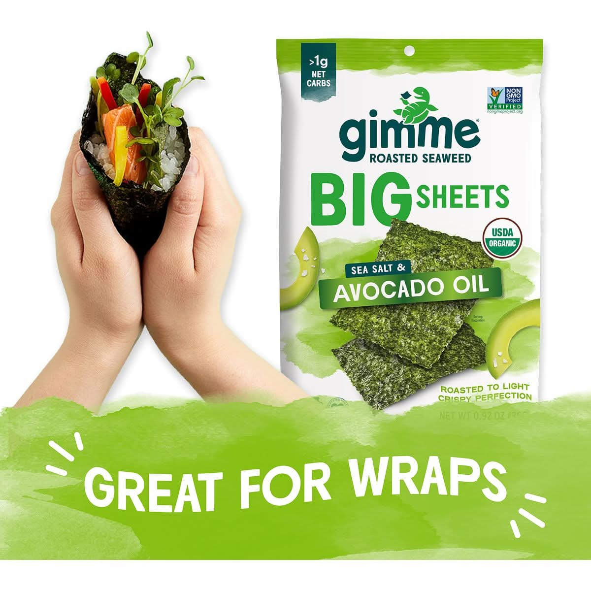 gimMe  Sea Salt  Avocado Oil  Big Sheets  Organic Roasted Seaweed Sheets  Keto Vegan Gluten Free Healthy OnTheGo Snack for Kids  Adults  92oz  Pack of 10