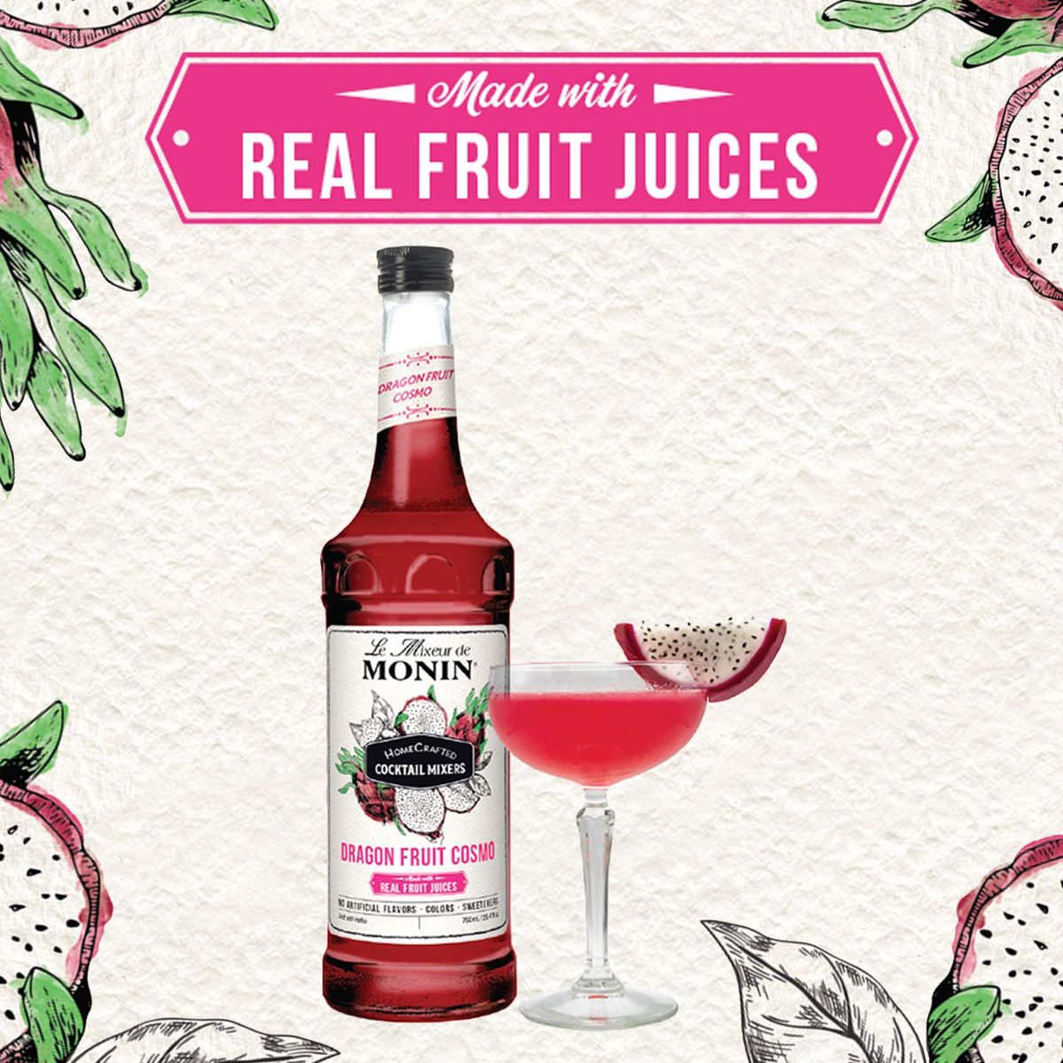 Monin  HomeCrafted Dragon Fruit Cosmo Cocktail Mix ReadytoUse Drink Mixer Strawberry  Pear Blend Made with Natural Flavors  Real Fruit Juice DIY Cocktails Just Add Vodka 750 ml