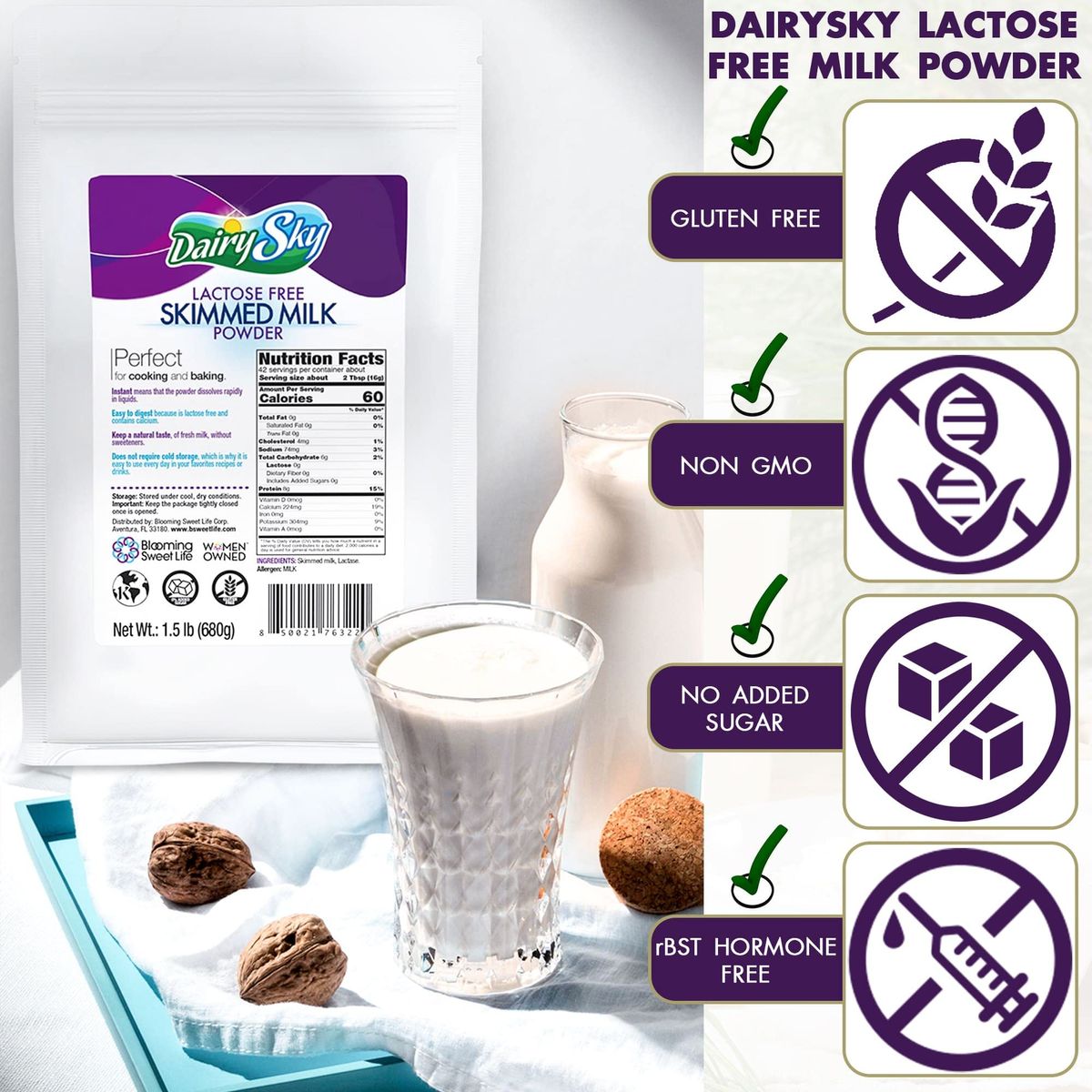 DairySky Lactose Free Milk Powder 24oz  Skim Powdered Milk Non GMO Fat Free for Baking  Coffee Kosher with Protein  Calcium  Great Substitute for Liquid Milk  RBST HormoneFree Pack of 1