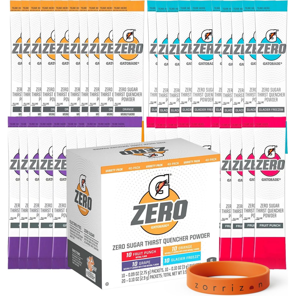 Gatorade G Zero Powder Packets Variety Pack 40 Packets of Gatorade Zero Powder Packets Ten Sugar Free Gatorade Powder Packets  Fruit Punch Orange Glacier Freeze Grape Plus a Zorrizon Wristband