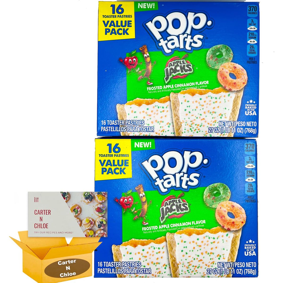 PopTarts Frosted Apple Cinnamon Flavor Breakfast Toaster Pastries 27 oz 16 Count set of 2  Exclusive Carter N Chloe recipe card