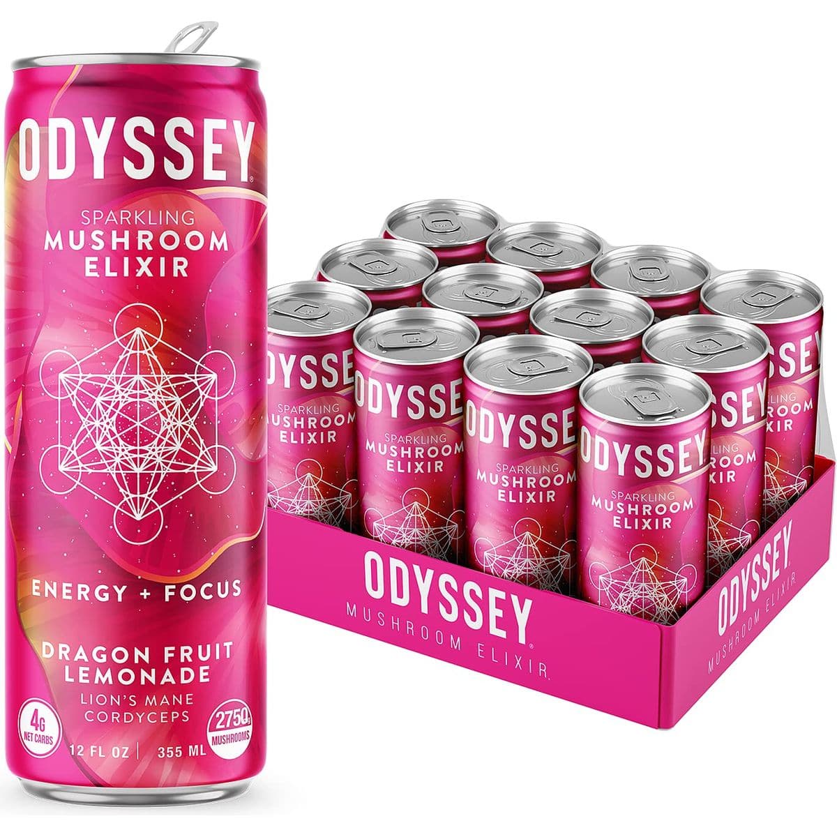 Odyssey Elixir Sparkling Adaptogen Drink Low Calorie Drinks L Theanine Lions Mane Cordyceps  Green Tea Caffeine for Energy  Focus NonGMO Vegan Dragon Fruit Lemonade Flavor 12 Fl oz 12 Pack