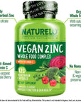 NATURELO Vegan Zinc Whole Food Complex Supplement with Vitamin C for Immune Support and Healthy Skin, Hair, and Nails - 120 Capsules