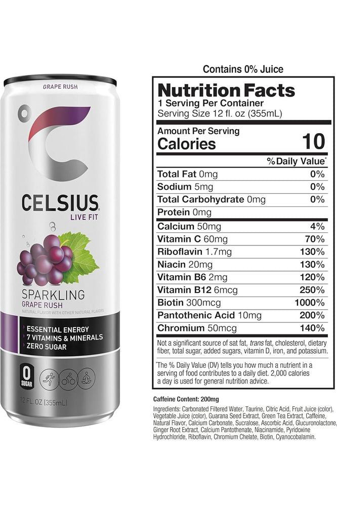 CELSIUS Sparkling Grape Rush - Functional Essential Energy Drink 12 Fl Oz (Pack of 12)