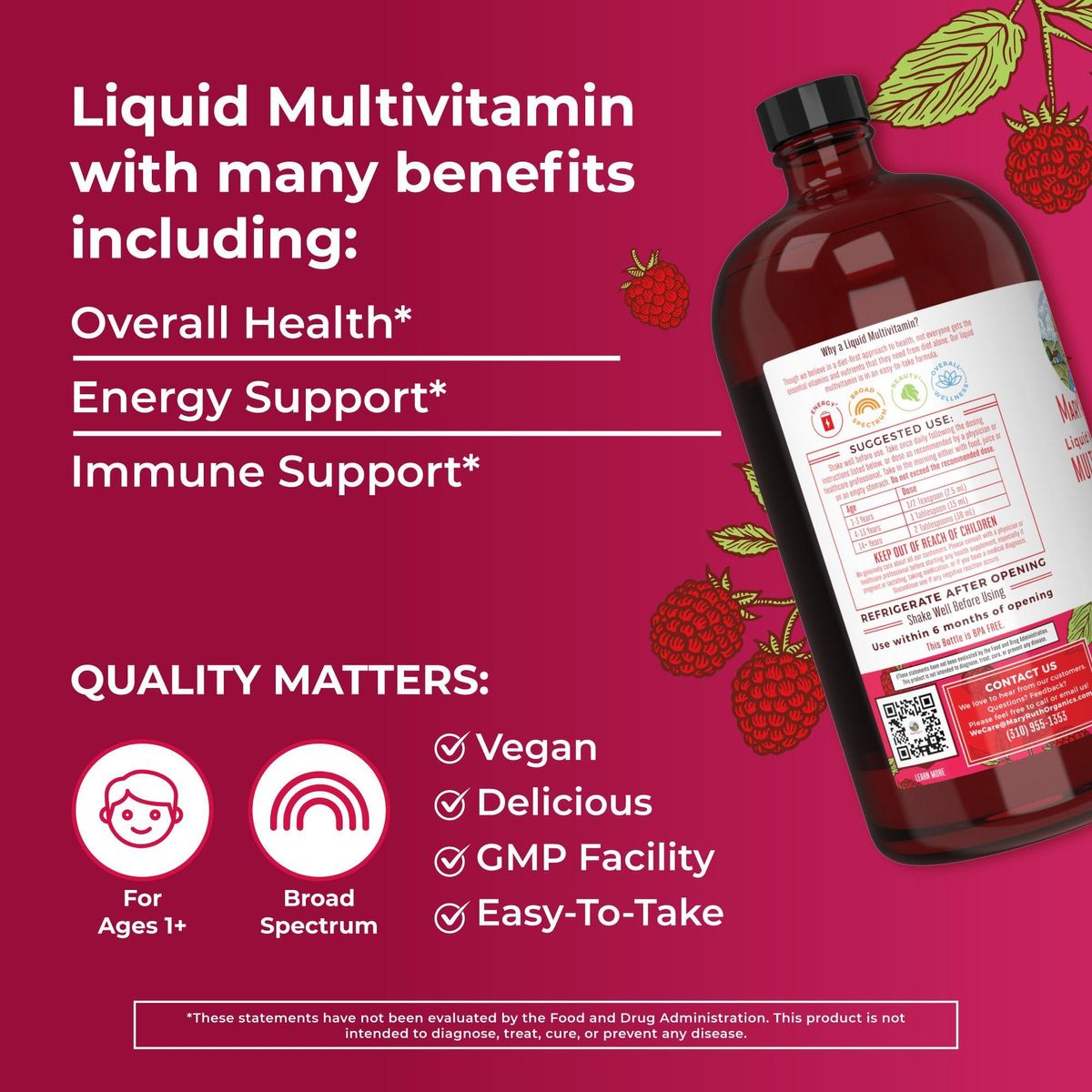 Multivitamin for Women, Men &amp; Kids by MaryRuth&#39;s | Liquid Morning Multivitamin | Mens, Womens Multivitamin| Vitamin A C D E B6 B12 Biotin Zinc | Beauty | Vegan | Non-GMO | Gluten Free | 15 Servings