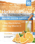 HydraLyte Electrolytes Plus Immunity, Citrus Low Sugar Rapid Rehydration Powder - Lightly Sparkling Electrolyte Powder Packets with 1,000mg Vitamin C and Zinc for an Immune Boost (8oz Serve, 20 Count)