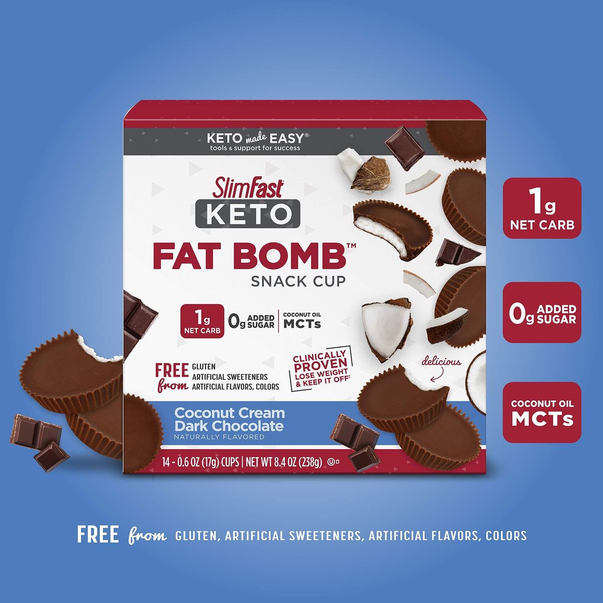 SlimFast Keto Fat Bomb Snack Cup, Coconut Cream Dark Chocolate, Keto Snacks for Weight Loss, Low Carb with 0g Added Sugar, 14 Count Box (Packaging May Vary)