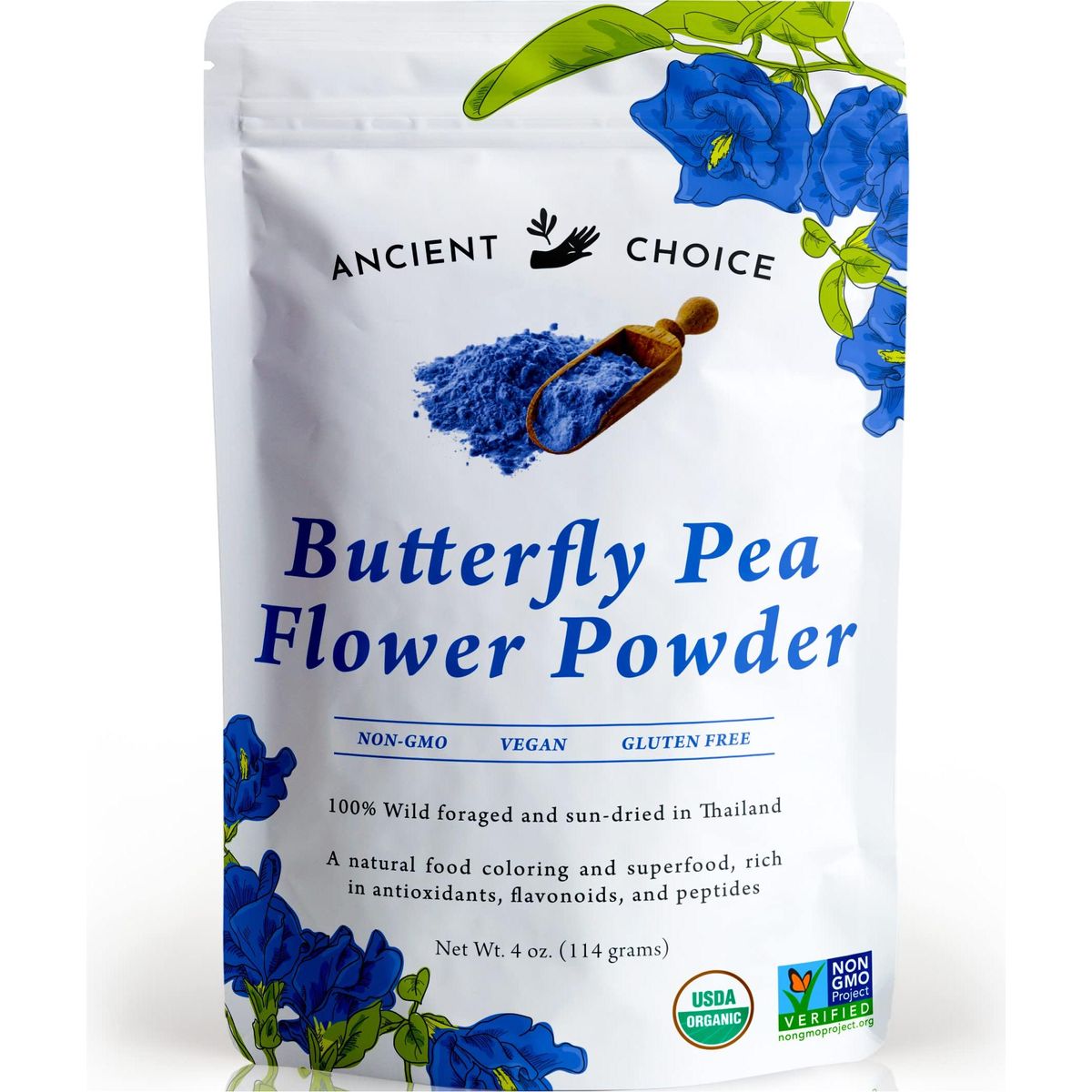 Ancient Choice - Butterfly Pea Flower Powder (4 ounce) | Blue Matcha Tea | Ceremonial (Highest) Grade | Adaptogenic Raw Culinary | Natural Food Coloring | Thai Non-GMO | Vegan