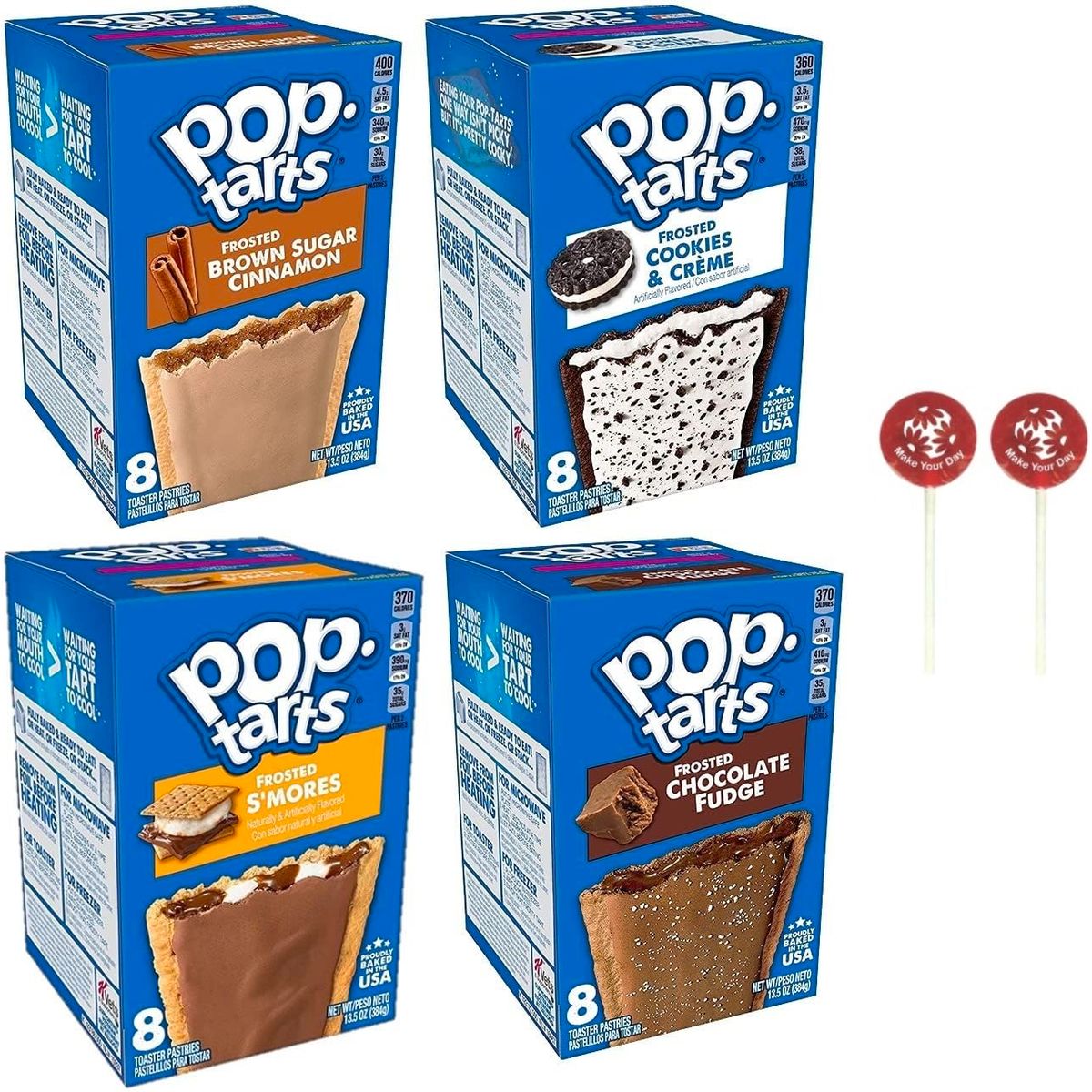 Frosted Toaster Pastry Variety Brown Sugar Cinnamon Cookies  Creme Smores and Chocolate Fudge 135 Ounce Pack of 4  with Two MYD Lollipops or Bag Clip