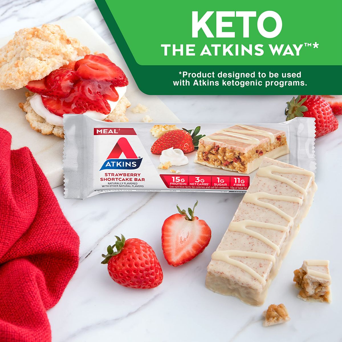 Atkins Strawberry Shortcake Protein Meal Bar High Fiber 1g Sugar 3g Net Carb Meal Replacement Keto Friendly 30 Count