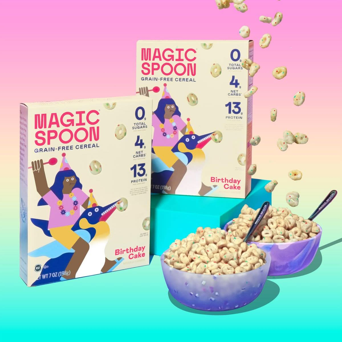 Magic Spoon Cereal  Birthday Cake 4Pack of Cereal and Spoon  Keto  Low Carb Lifestyles Gluten  Grain Free High Protein 0g Sugar