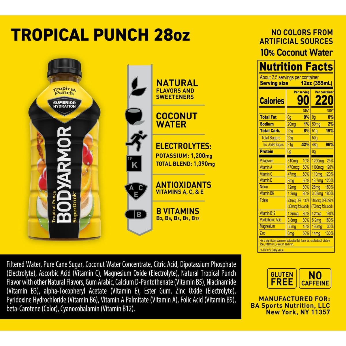 BODYARMOR Sports Drink Sports Beverage Tropical Punch Coconut Water Hydration Natural Flavor With Vitamins PotassiumPacked Electrolytes Perfect For Athletes 28 Fl Oz Pack of 12