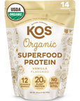 KOS Vegan Protein Powder, No Erythritol, Vanilla - USDA Organic Pea Protein Blend, Plant Based Superfood Rich in Vitamins & Minerals - Keto, Dairy Free - Meal Replacement for Women & Men, 14 Servings