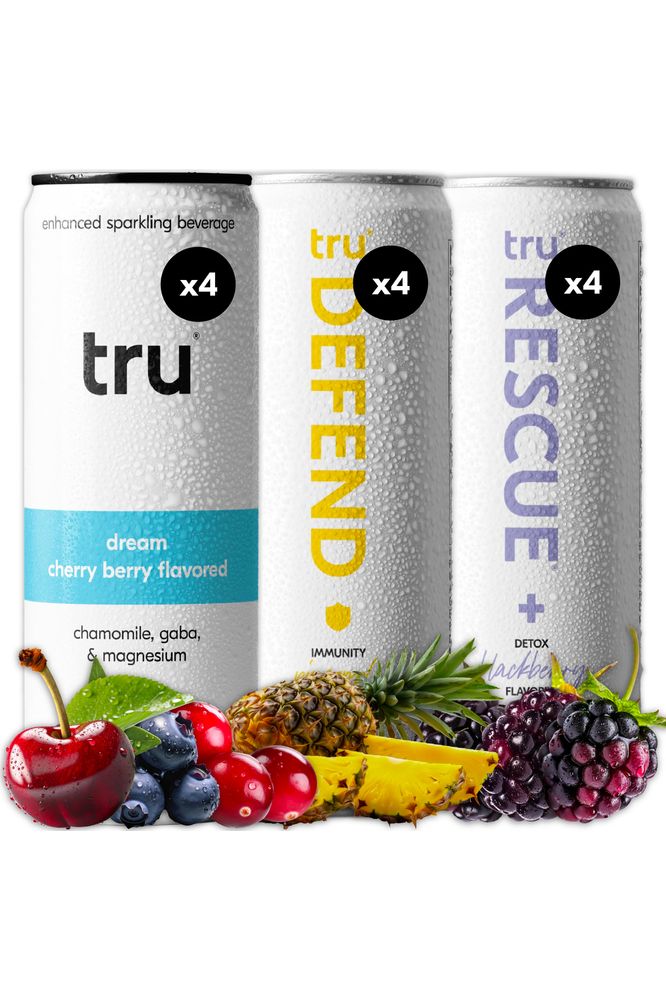 Tru Recovery Seltzer Variety Flavored Sparkling Water Made with Real Fruit Juice  Immune Support Sleep and Detox Drinks  Caffeine Free Kosher GF No Added Sugar Beverages 12oz Pack of 12