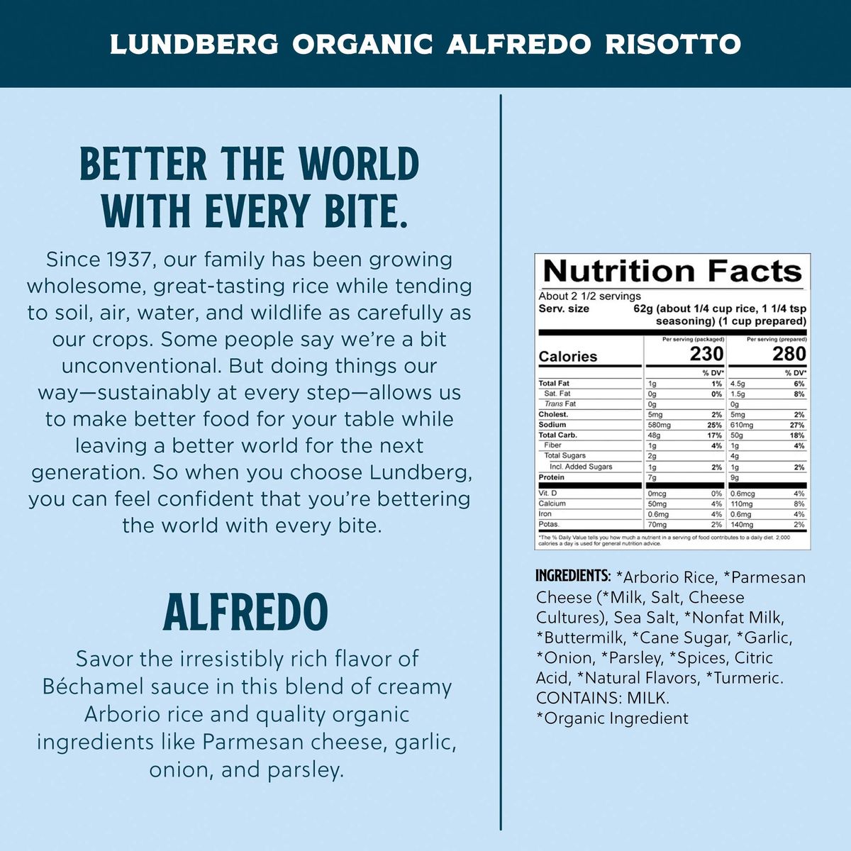 Lundberg Family Farms  Traditional Italian Risotto Alfredo Convenient Side Dish 20 Minute Cook Time Pantry Staple NonGMO GlutenFree USDA Certified Organic 55 oz 6Pack