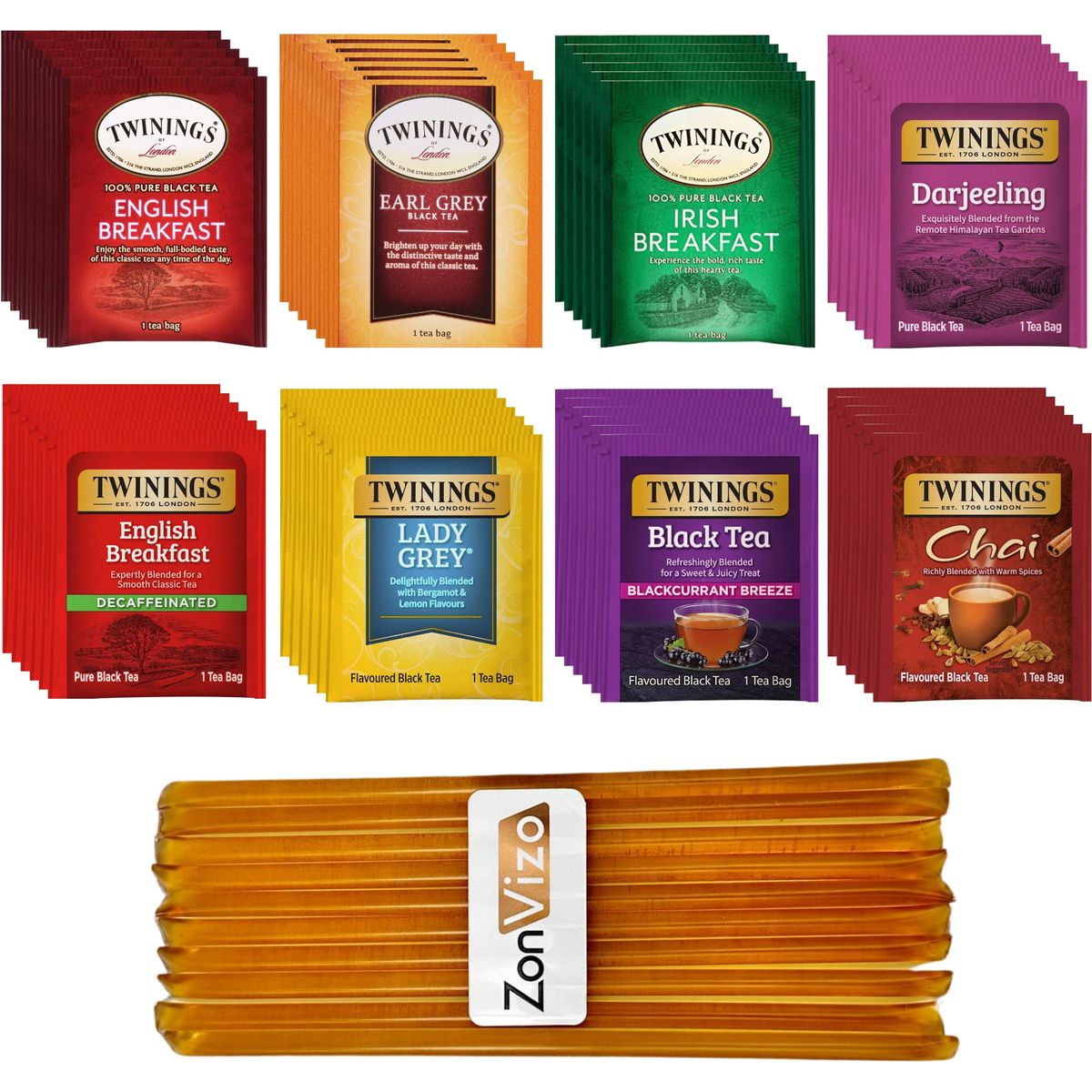 Zonvizo Wellness Tea Bundle 48 Packs with 6 Unique Flavors  10 Honey Sticks  Energy Immunity  Glow Tea Variety Pack Enriched with Vitamins  Probiotics