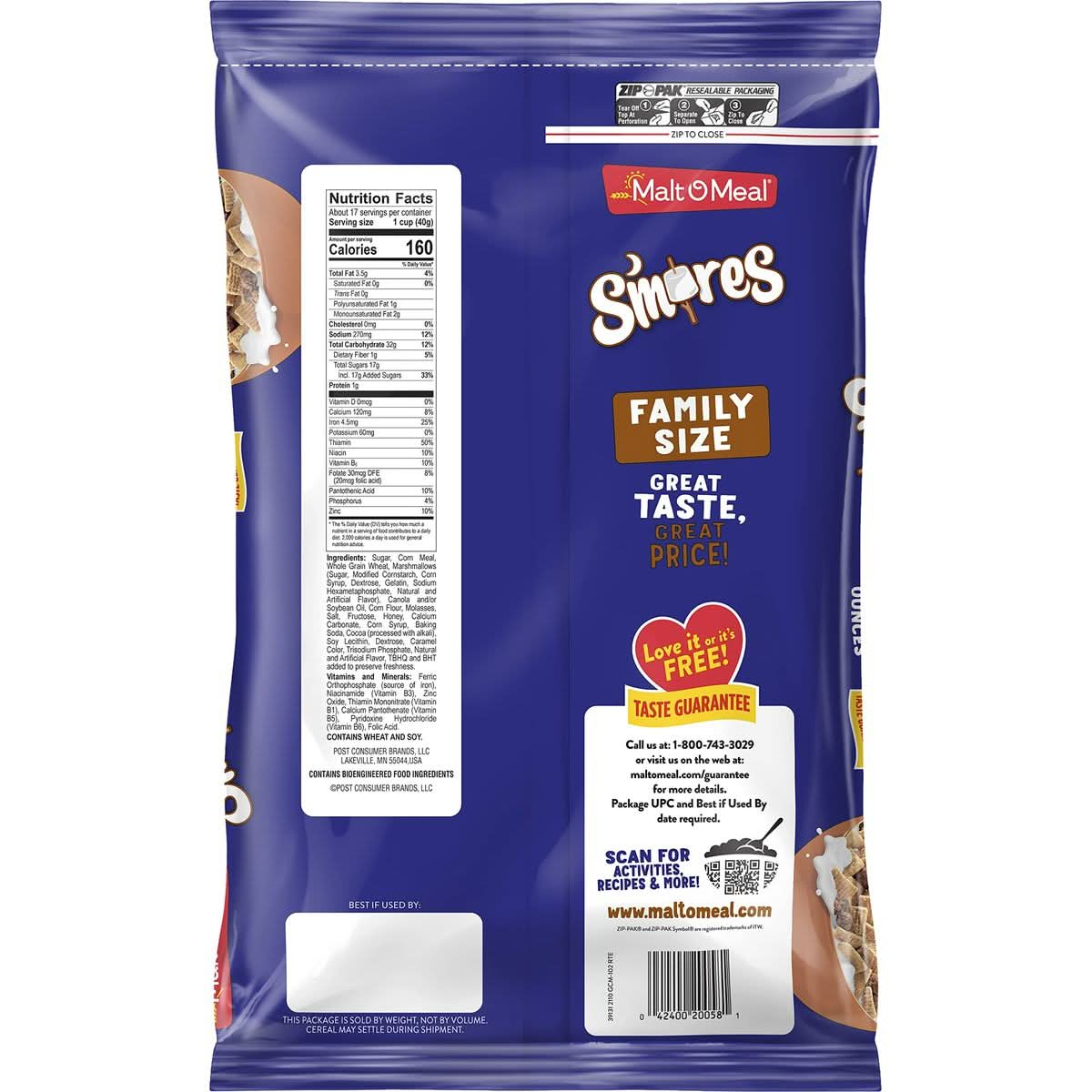 MaltOMeal Smores Breakfast Cereal Smores Cereal with Honey Graham Squares and Chocolatey Puffs and Marshmallow Bits Large Cereal for Family 24 OZ Resealable Cereal Bag