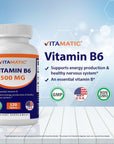 Vitamatic Vitamin B6 (Pyridoxine HCI), 500 mg 120 Vegetarian Tablets - Promotes Energy Production, boosts Metabolism and Immune Health Support