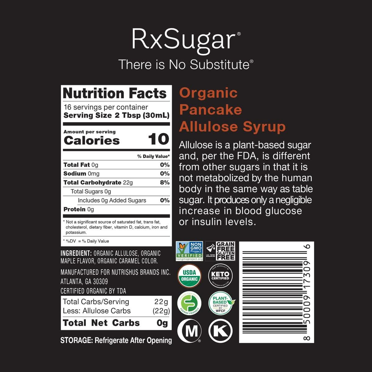 RxSugar Organic Pancake Syrup 2Pack  Allulose sweetener  DiabetesSafe Natural Sugar  Keto Certified  NonGMO Project Verified  GlutenFree Certified