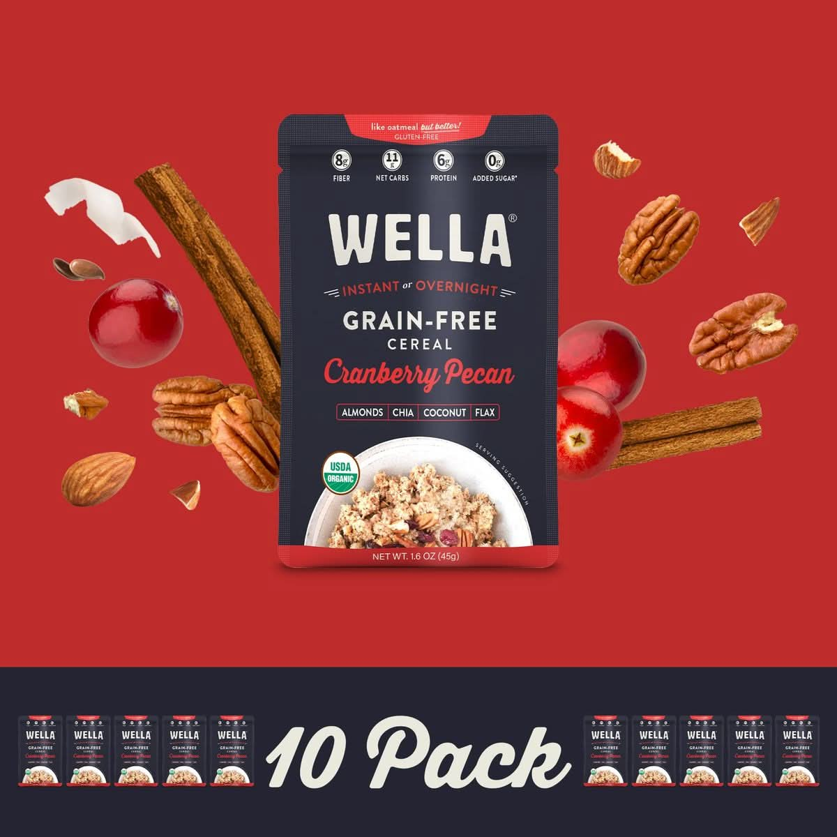 Wella Cereal Oatmeal Alternative GlutenFree Breakfast Hot Cereal GrainFree Paleo Organic Vegan High Protein Superfood PlantBased NonGMO Low in Net Carbs SingleServe Packets Cranberry Pecan Flavor 10 Count 16 oz Packets