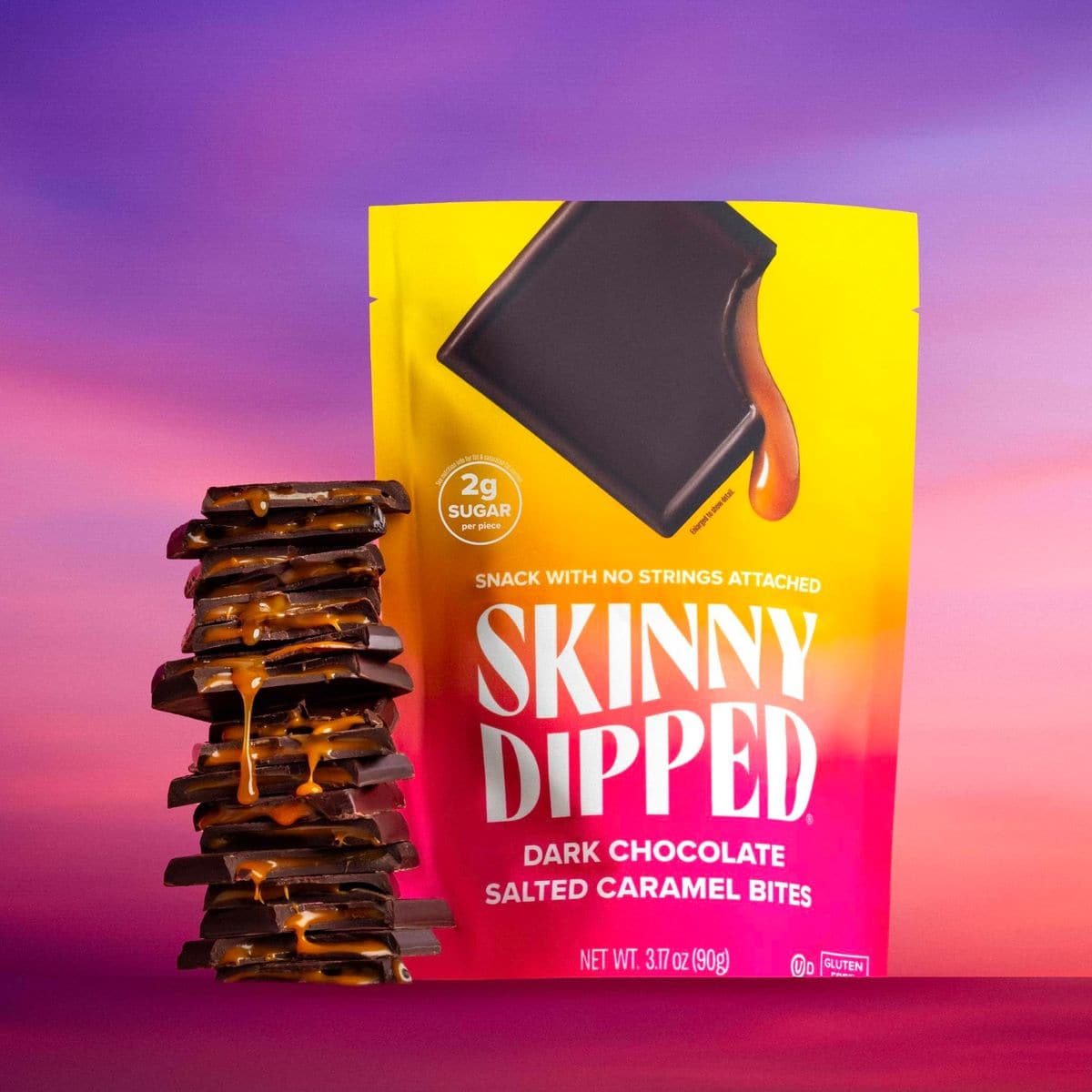 SkinnyDipped Dark Chocolate Salted Caramel Bites 2g Sugar per Piece Keto Friendly No Palm Oil Gluten Free 4 Pack