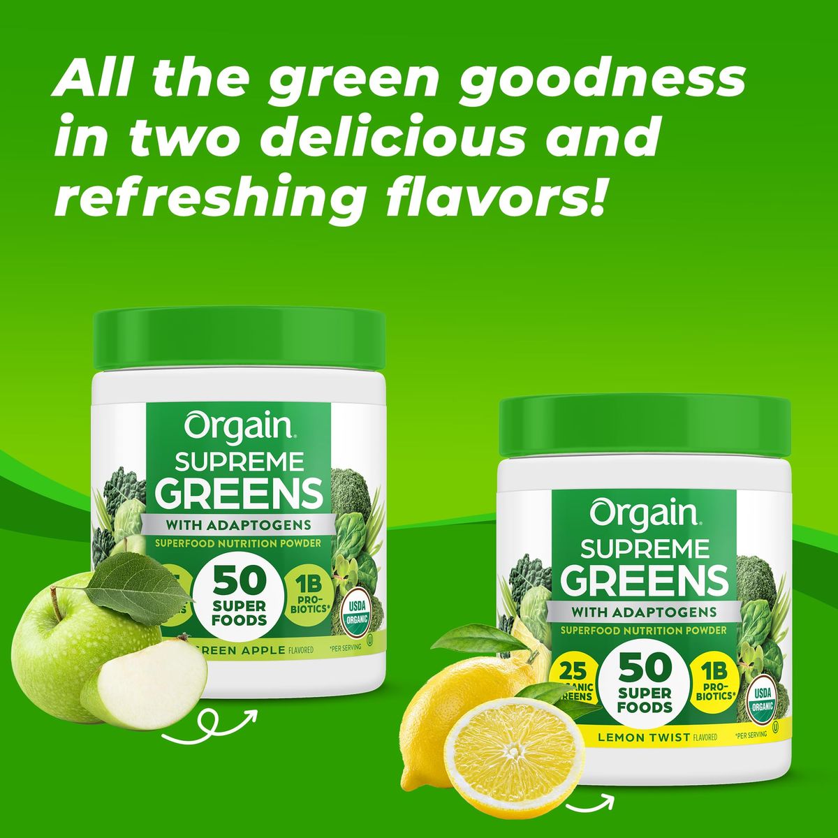 Orgain Supreme Greens Powder with 25 Organic Greens 50 Superfoods 1 Billion Probiotics and Adaptogens Vegan Greens for Gut Health and Immune Support 15 Servings of Fruit and Veggies Green Apple