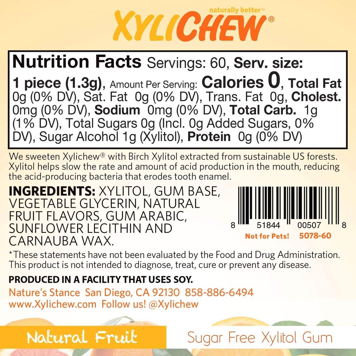 Xylichew 100 Xylitol Chewing Gum  Non GMO Non Aspartame Gluten Free and Sugar Free Gum  Natural Oral Care Relieves Bad Breath and Dry Mouth  Fruit 60 Count